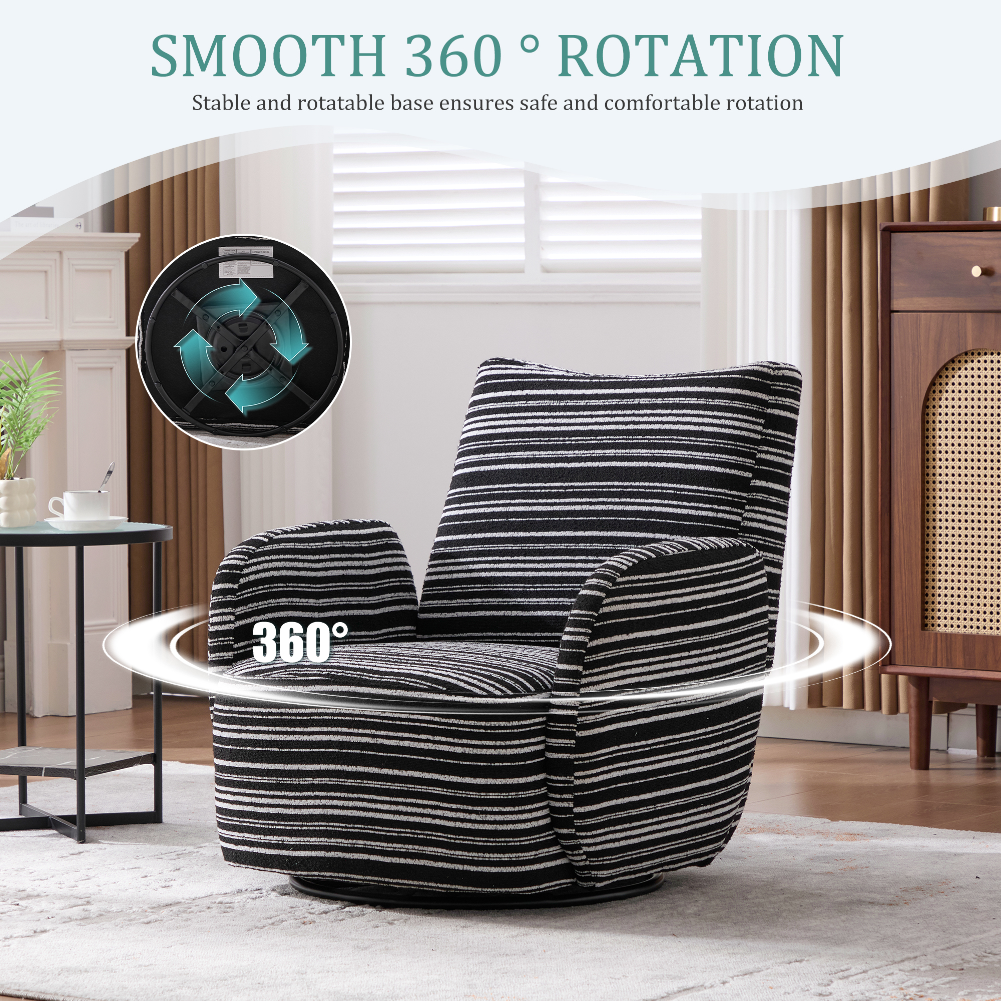 MOONMISS Boucle Upholstered 360°Swivel Fabric Striped Armrest Leisure Chair for Living room-Black
