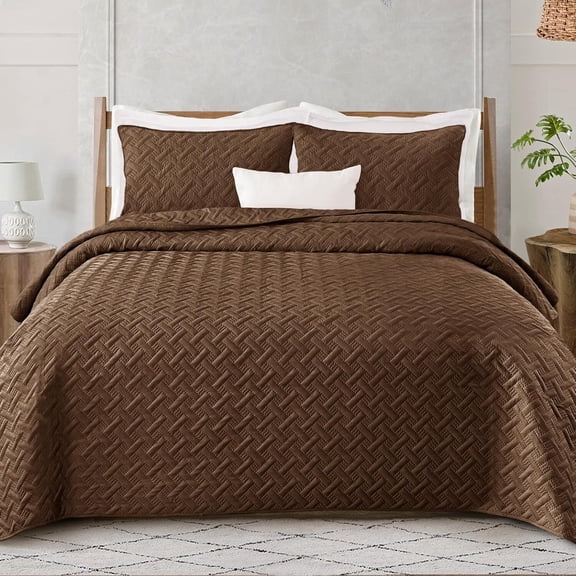 Exclusivo Mezcla Brown King Quilt Set, Weave Pattern Ultrasonic Lightweight Bedspreads, Soft Coverlets Bedding Set with Pillow Shams