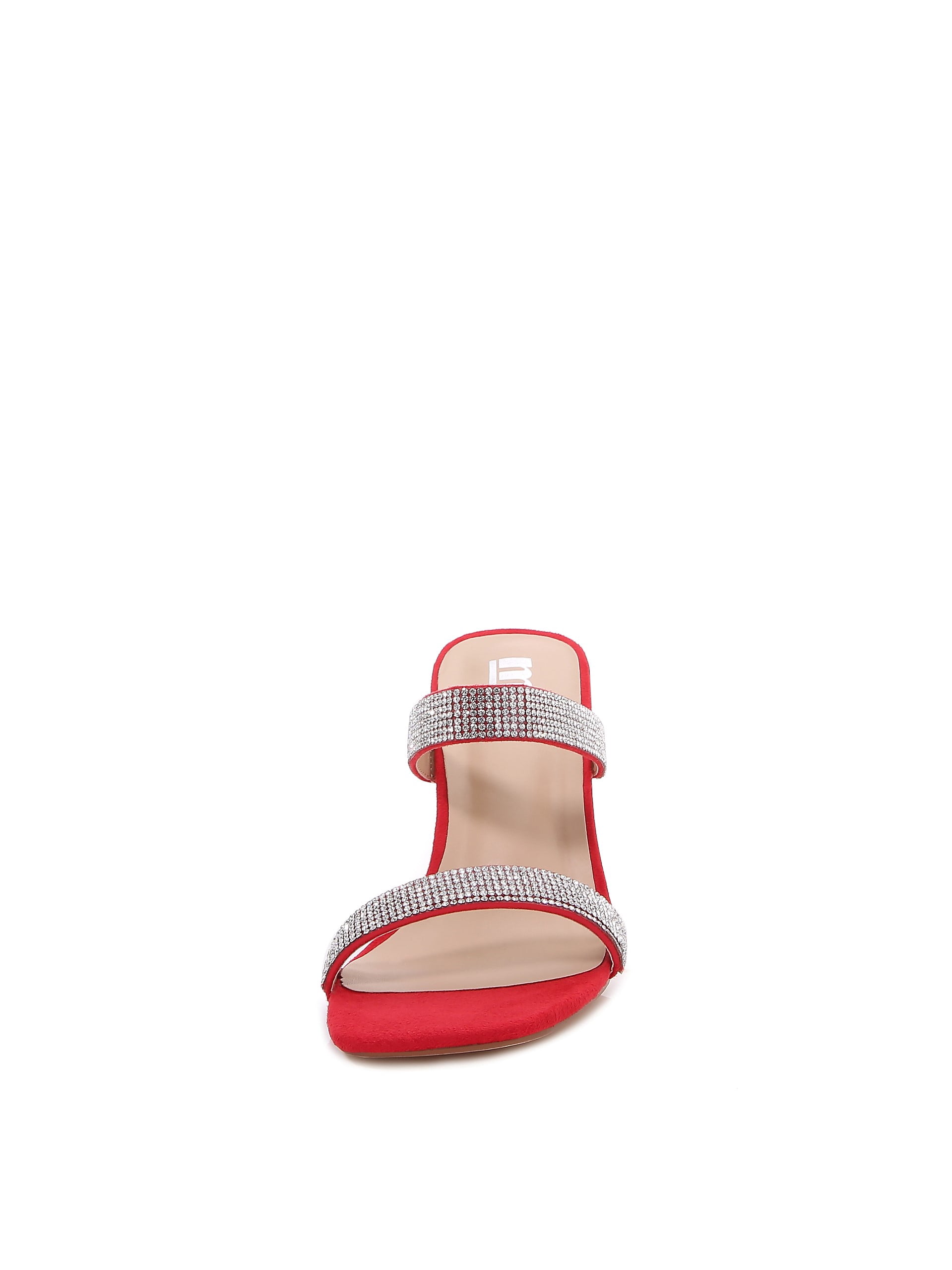 Women Double Strap High Chunky Heeled Slip On Slide Sandals (Double Rhinestoned Red, 7)