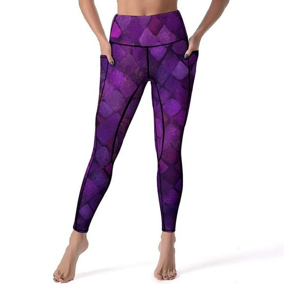 Colored Grid Geometry Women's High Waisted Yoga Pants with Pockets, Tummy Control Non See Through Workout Athletic Running Leggings