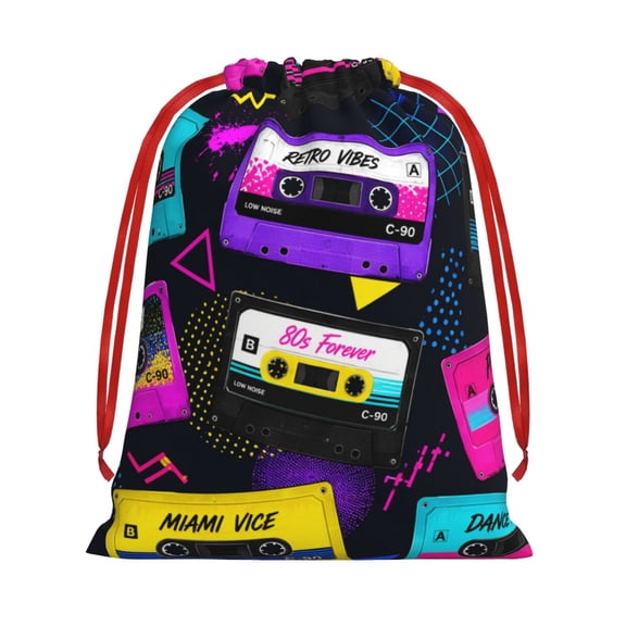Retro 80s Music Tape Art Drawstring Gift Bag Soft Pouch Reusable Favor Bags for Christmas, Halloween, Candy, Wedding, Birthday,S