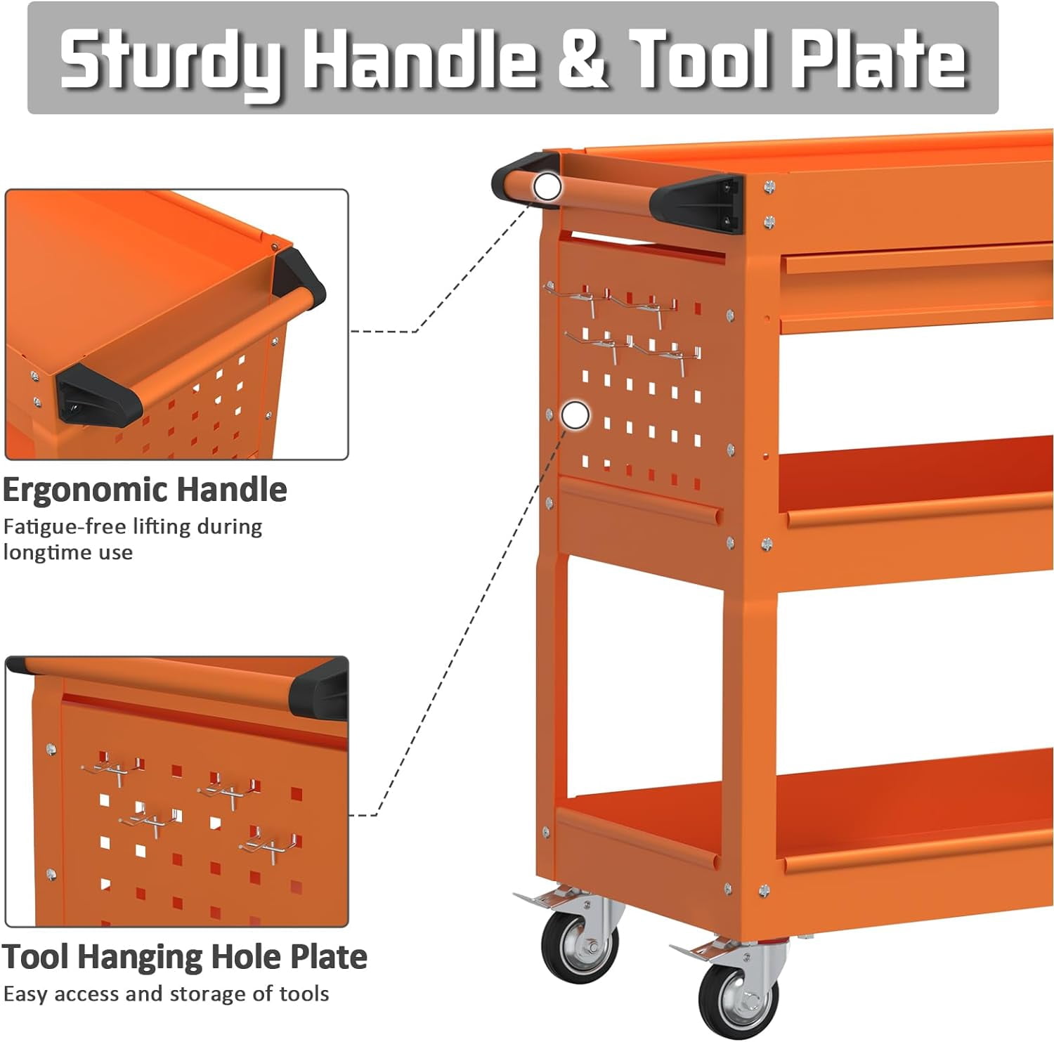 Odaof 4-Wheel Big Rolling Tool Storage Cart with Ball-Bearing Slides for Garage and Warehouse (Orange)