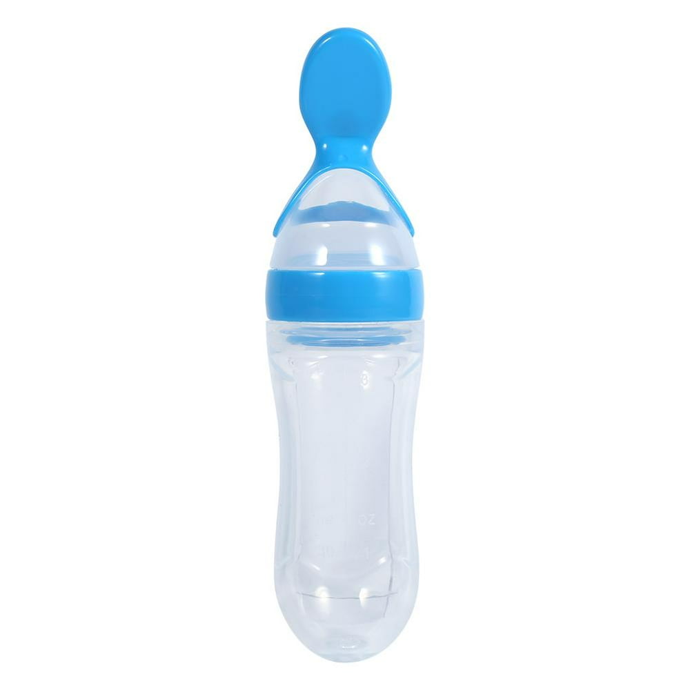 FAGINEY 1Pc 90mL Silicone Baby Toddler Feeding Bottle with Spoon Fresh