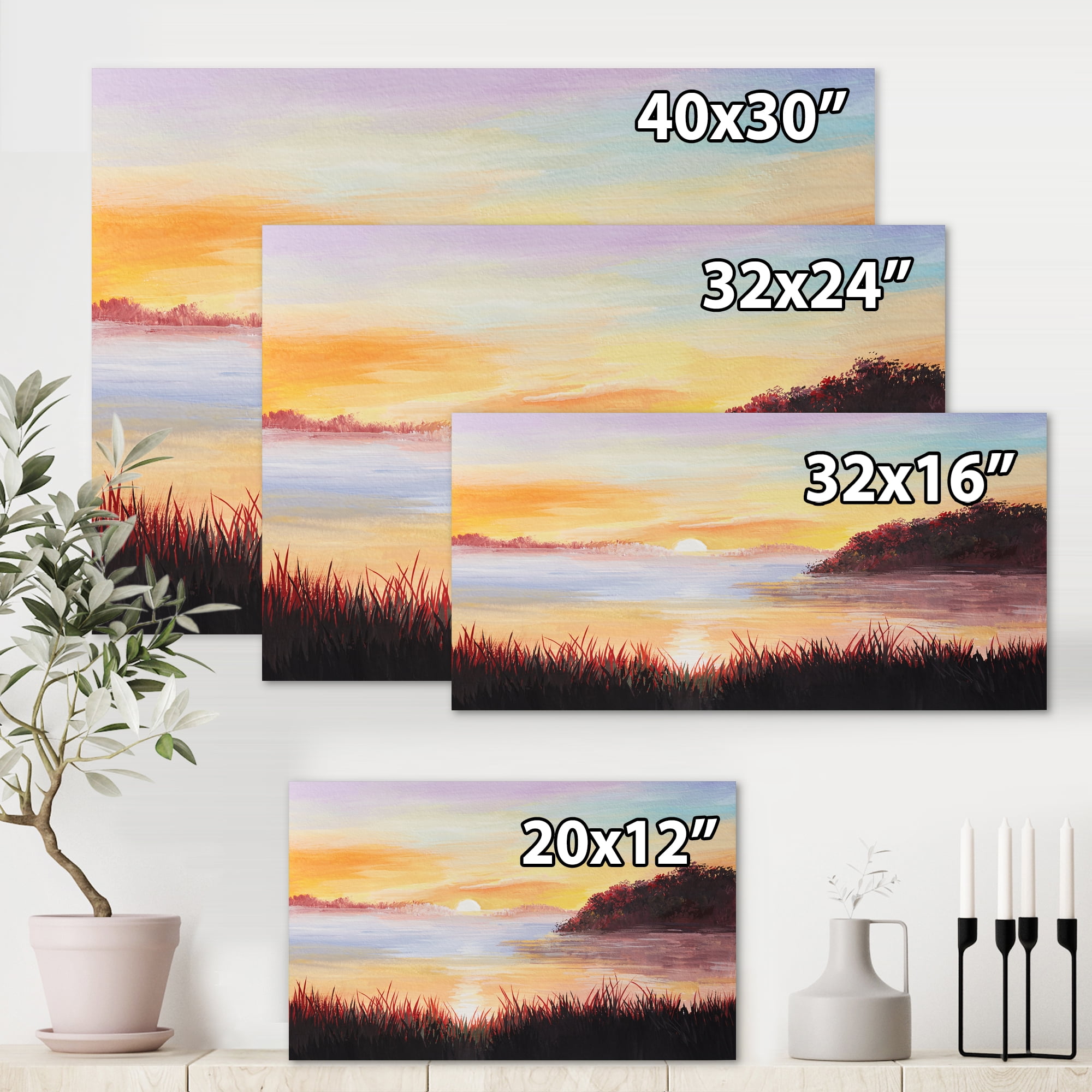 Designart ' The Reeds On The Lake In Evening Glow ' Nautical & Coastal Canvas Wall Art Print