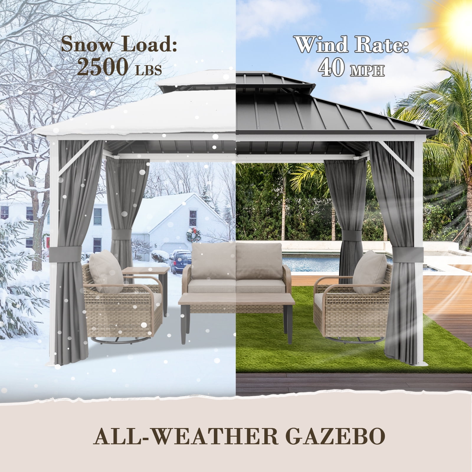 EAGLE PEAK 10'x12' Outdoor Patio Hardtop Gazebo with Aluminum Frame, Galvanized Steel Double Roof with Netting and Curtains, White/Gray