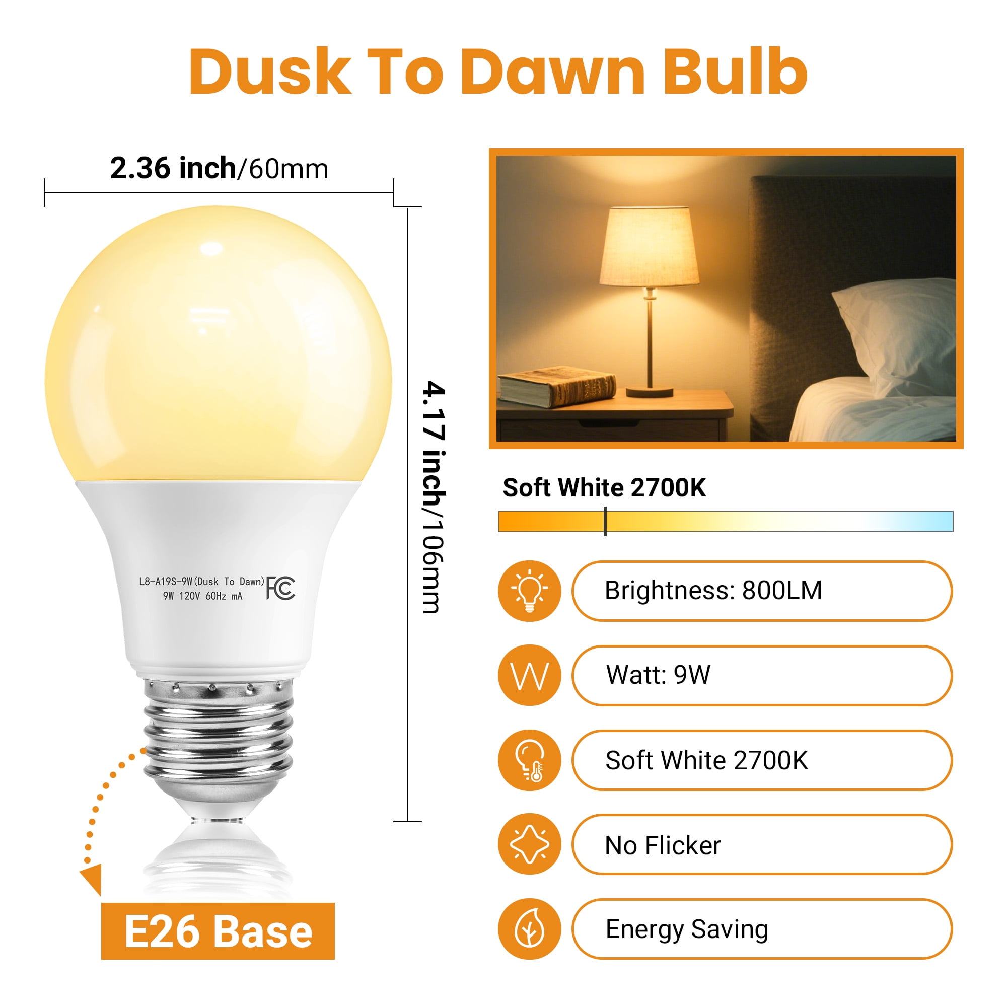 DAYBETTER Dusk to Dawn Light Bulbs Outdoor 60 Watt Equivalent, Automatic On/Off Sensor LED Light Bulb, 9W Soft White 2700K, 800Lumen, A19 E26 Bulbs,8pack.