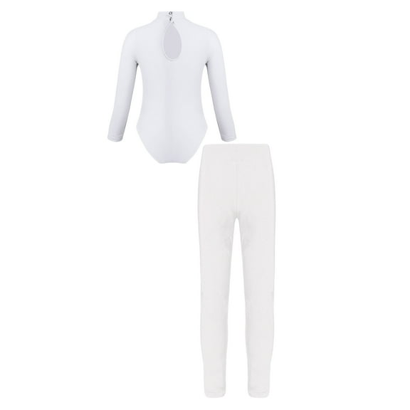 TiaoBug Kids Girls Gymnastics Dance Outfit Long Sleeve Leotard And Sparkly Rhinestones Tights Set B White 15-16