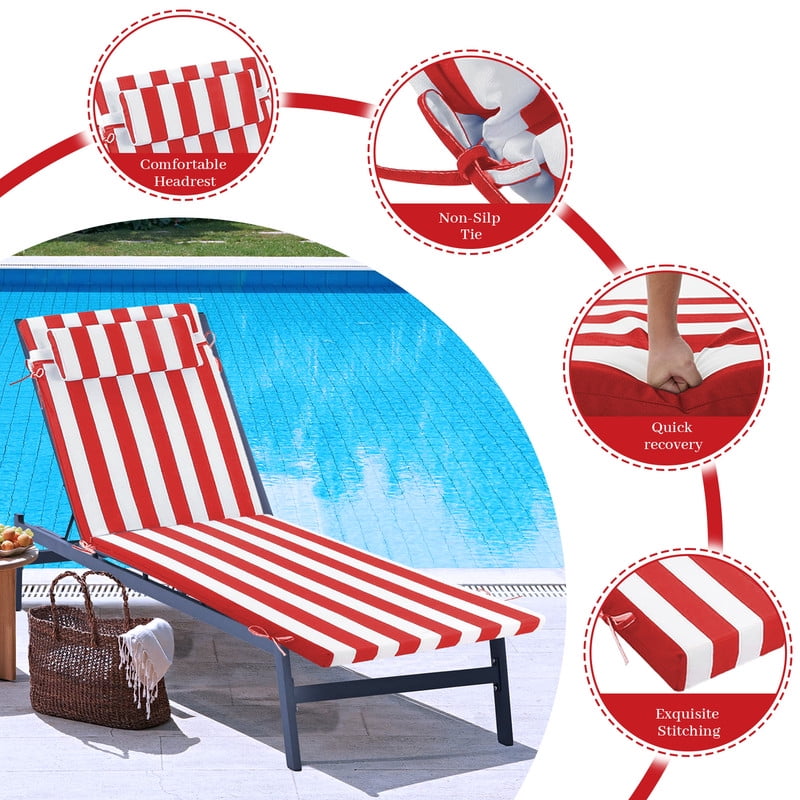 Outdoor Chaise Lounge Cushion, High-Density Foam Fill Patio Furniture Bench Cushions with Ties, Thicken Waterproof Replacement Back Chaise Cushions for Pool, Sand Beach (Red White Stripes)