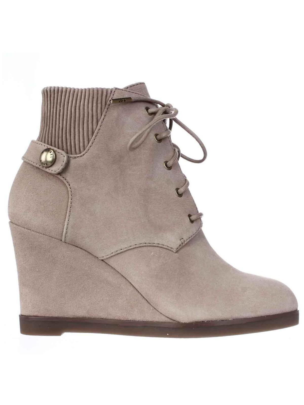 Womens MICHAEL Michael Kors Carrigan Wedge Knit Cuff Lace Up Ankle Boots,  Dark Khaki 