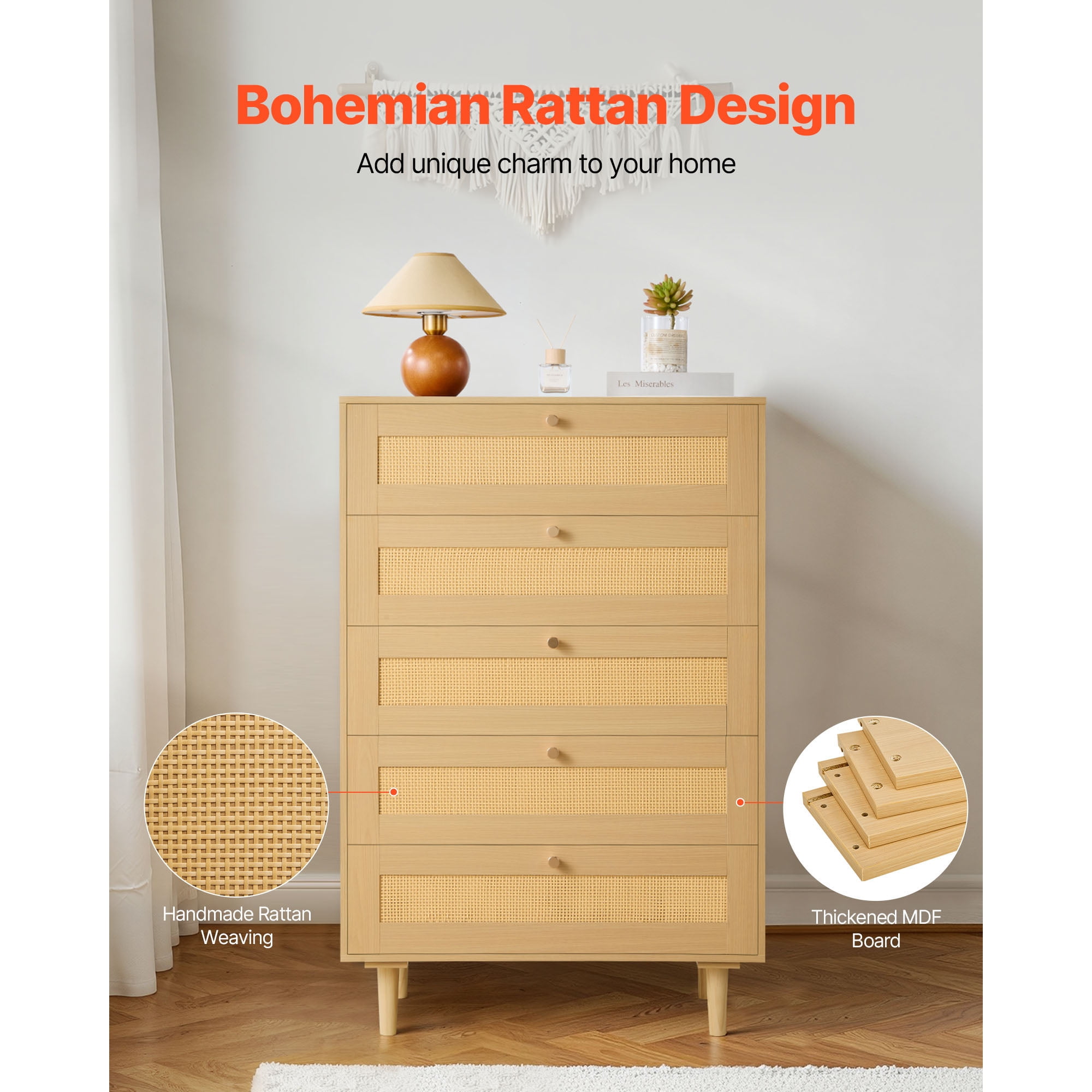 KFFKFF 5-Drawer Rattan Dresser with Metal Handles and Wooden Legs, Modern Storage Organizer for Bedroom, Living Room, or Hallway
