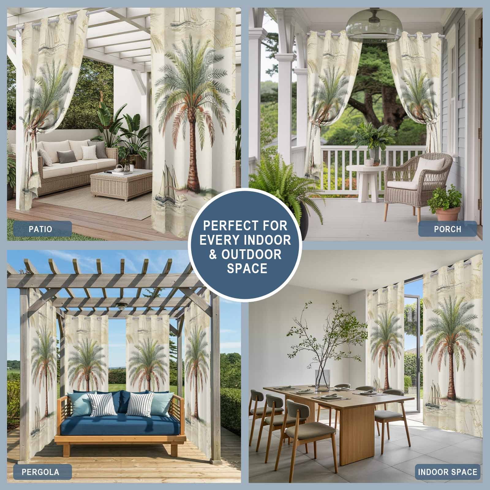 Tropical Palm Tree Outdoor Curtains for Patio, Vintage Summer Coastal Palm Tree Sunshade Privacy Drapes Grommet Waterproof Outside Curtains for Porch/Cabana/Balcony 54"x 108", 1 Panel