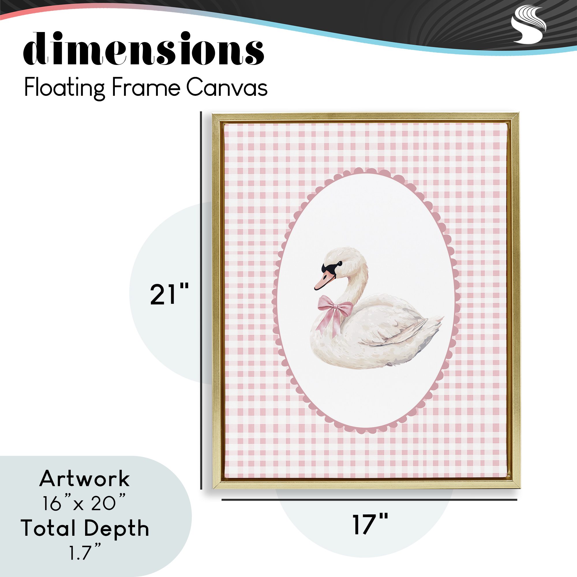 Gentle Swan on Pink Checkered Gold Framed Floater Canvas Wall Art, design by Christine Simpson Art