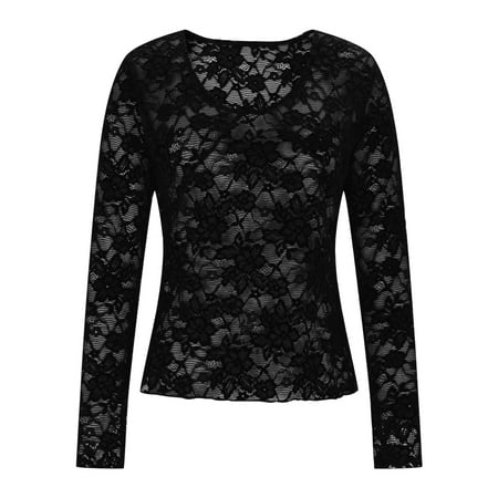 FNFYFH Women Lace Long Sleeve Mesh Top Slim Fit Scoop Neck Crop Base Layer Top See Through Sheer Blouses