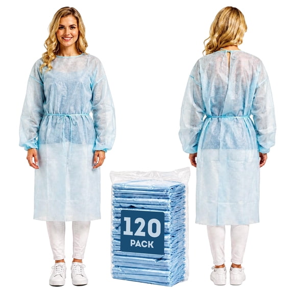 Disposable Isolation Gowns with Sleeves and Ties Blue 120 count x-large 45 in long