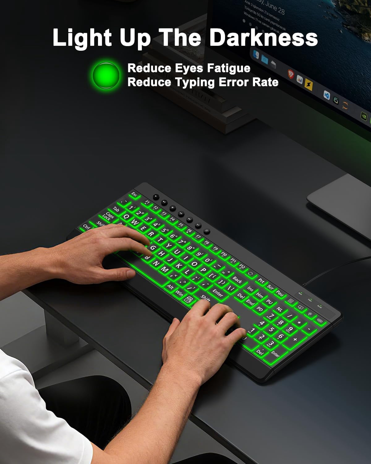 Large Print Backlit Wired Keyboard, Light Up USB Keyboard with 7-Colors Backlight, Oversize Letters Keys Full Size Computer Compatible for Windows, Laptop, PC