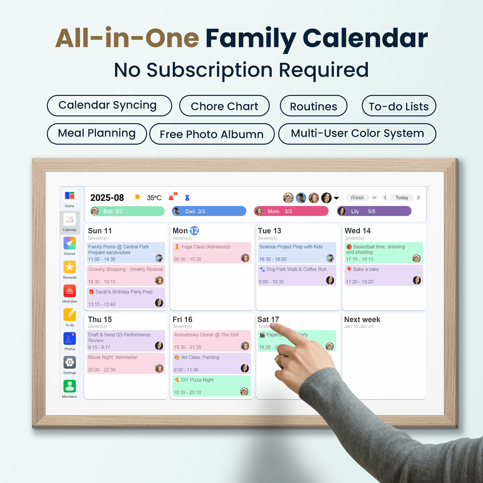 Winnovo 21.5-inch Smart Digital Wall Calendar, Touchscreen Family Planner with Wifi, No Subscription, Wood Frame