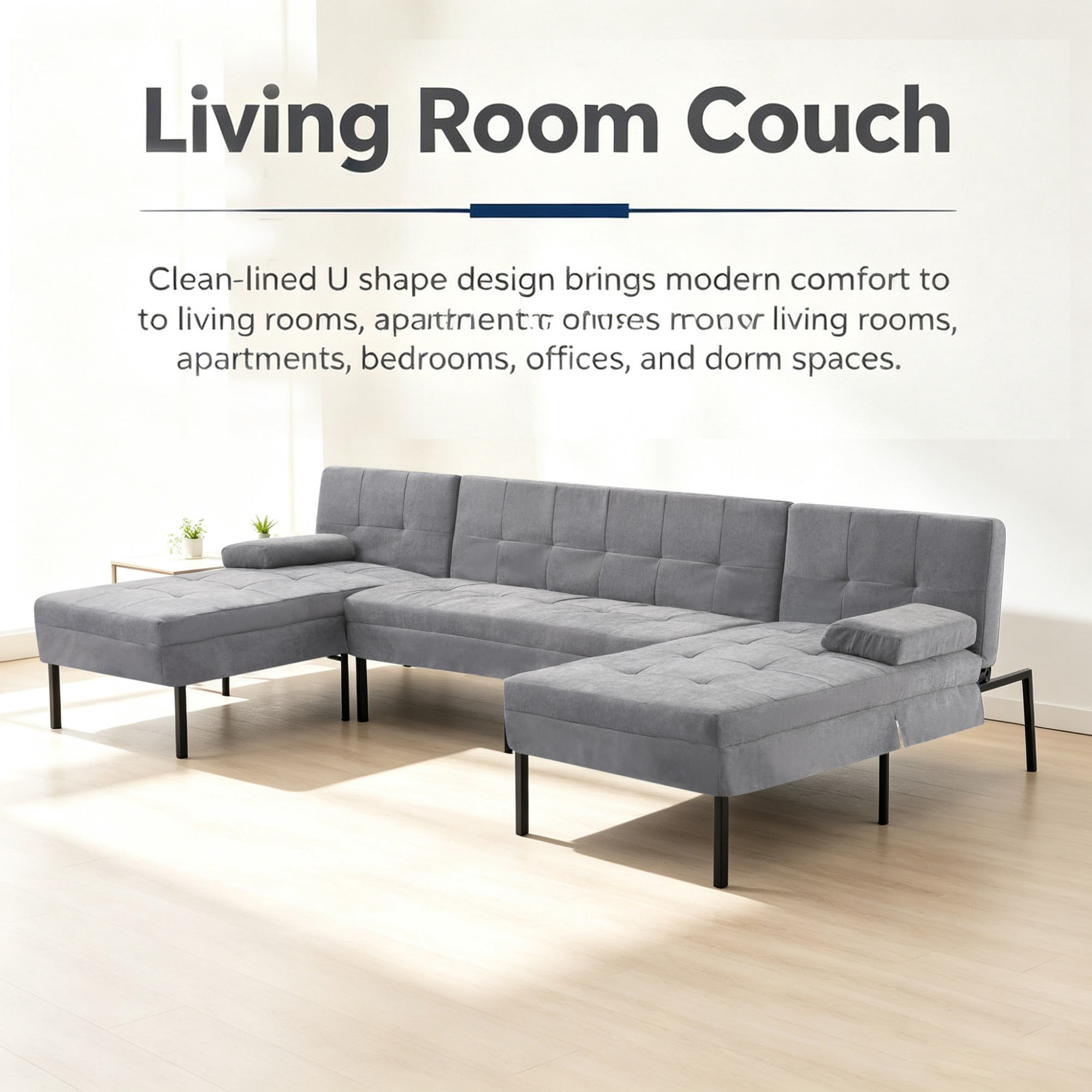 BSHTI 107.09" U Shape Sofa Bed with Adjustable Backrest, Soft 4 Seater Couch for Living Room(Dark Gray)