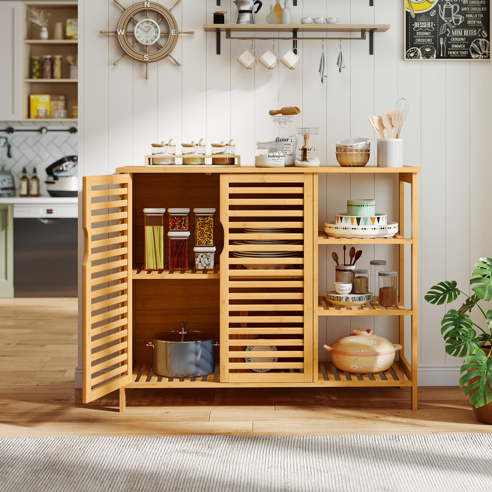 Giantex Bamboo Bathroom Cabinet, Freestanding Storage Unit w/3-tier shelf, 2-Door Storage Organizer Slatted Floor Cupboard