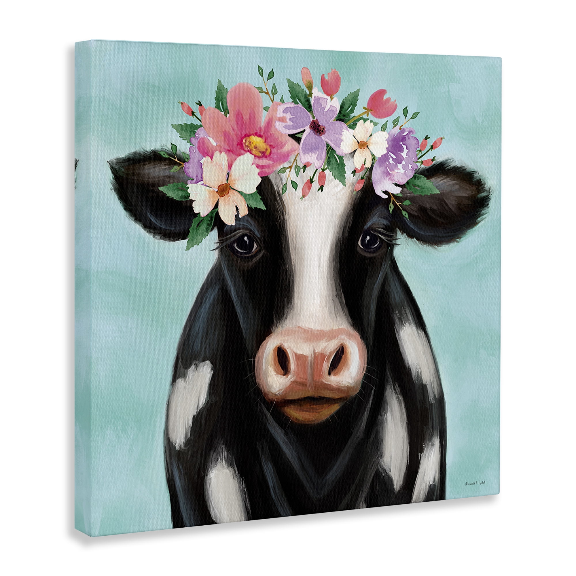 Stupell Industries Cow with Pastel Flowers Animals & Insects Painting Gallery Wrapped Canvas Art Print Wall Art, 30 x 30