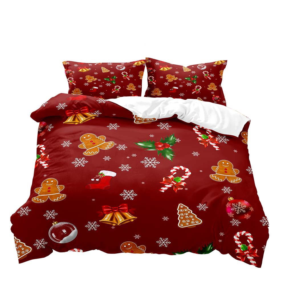 LUVIVIHOME 2PCS Red Christmas Duvet Cover Twin Bedding Sets, Boys Girls Kids Bedding, Xmas Cute Gingerbread Man Candy Cane Jingle Bell Snowflake Holiday Christmas Comforter Quilt Cover, 1 Pillow Sham