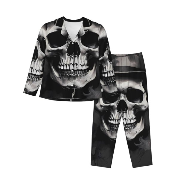Balery Black White Hat Skull Conjunto de Pijama con Estampado para Mujer, Conjunto de Dos Piezas con Manga Larga, Ropa de Dormir Suave con Bolsillos, Pijamas Cómodos-Small