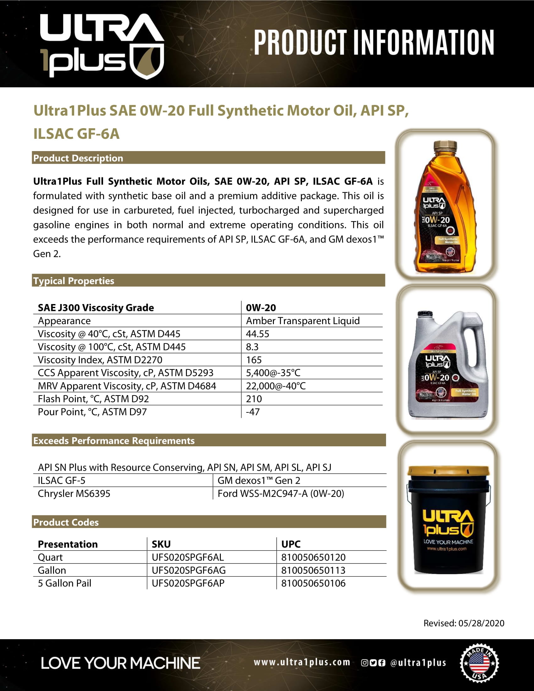 Ultra1Plus SAE 0W-20 Aceite de motor sintético completo API SP ILSAC GF-6A