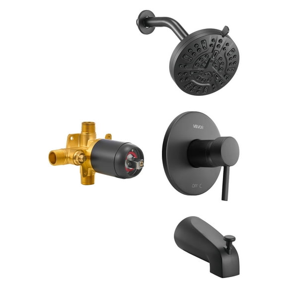 VEVOR Tub and Shower Faucet Set, Complete with 5-Inch Rainfall Shower Head and Bathtub Spout, 8-Setting Adjustable Spray, Matte Black