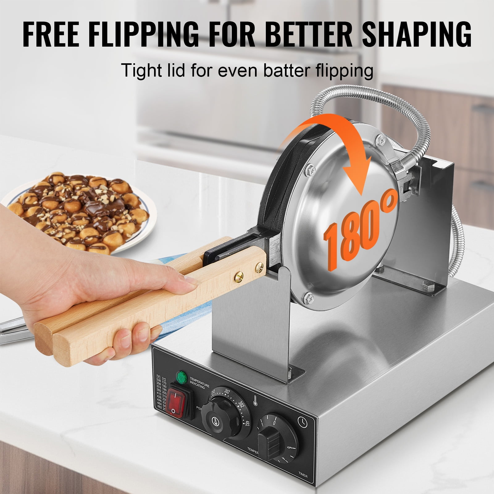 KFFKFF Electric Waffle Maker, Professional Waffle Iron, 1400W, for Crispy Egg Waffles, Non-Stick, Stainless Steel Build, 180° Flip Feature, Adjustable Temperature & Timer, Wood Grip, Ideal for Cafes