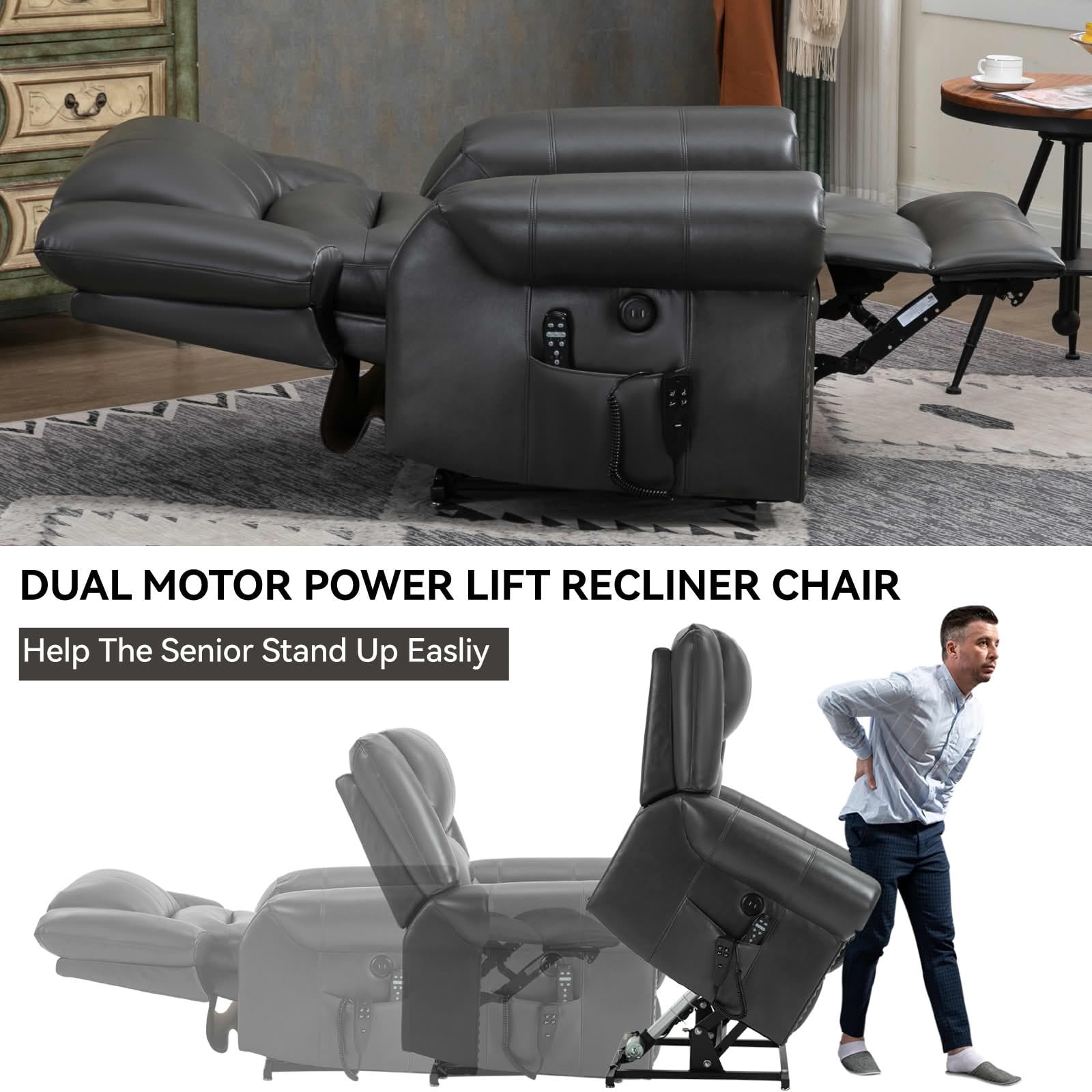 MAYEERTY 350lbs Grey Faux Leather Power Lift Recliner, Dual Motor 180° Infinite Position Chair with Heat Massage USB Ports