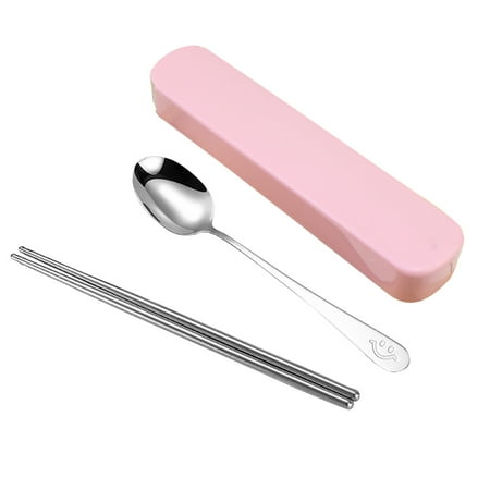 

Portable Chopsticks Spoon Set Stainless Steel Student Office Cutlery with Storage Box Smile Pink 2Pcs