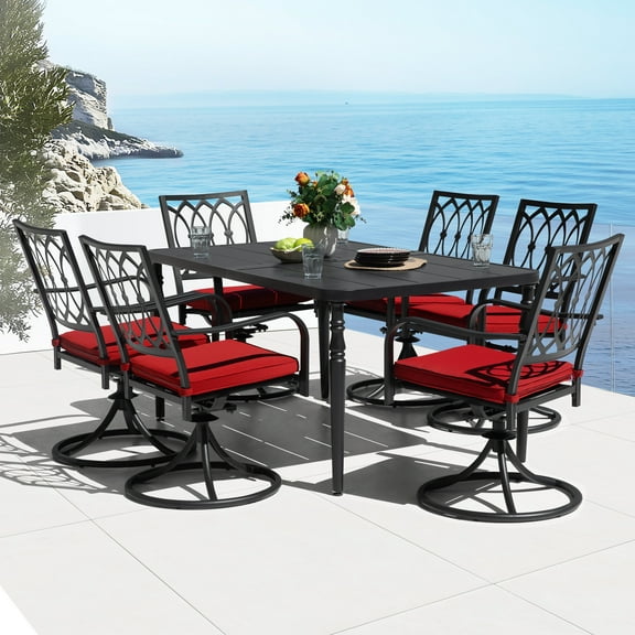 Nuu Garden 7-Piece Metal Patio Dining Set with Umbrella Hole, Outdoor Cushioned Swivel Chairs and 61'' x 37'' Rectangular Slatted Table Set, All Weather Patio Furniture Set,  Black and Red