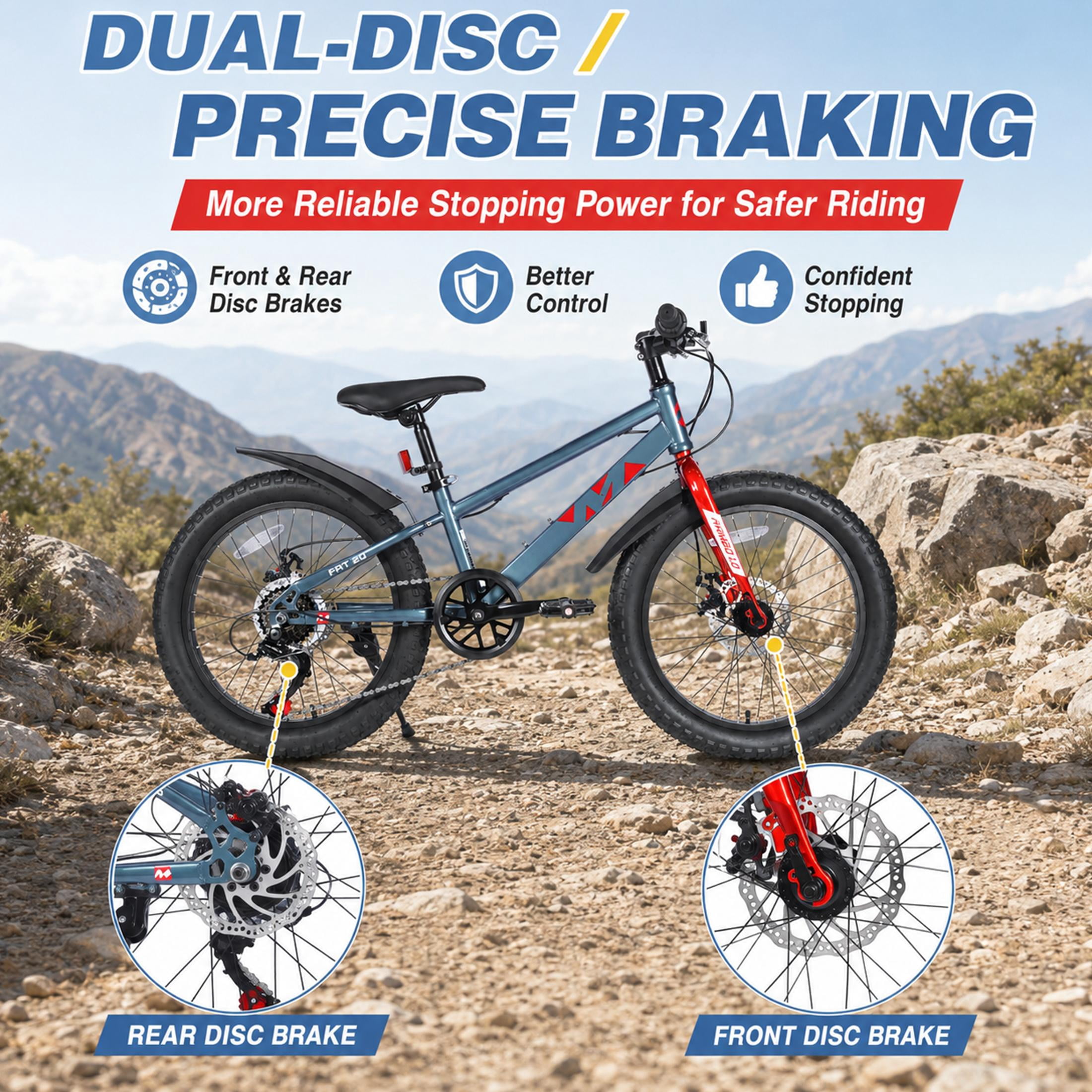 20 Inch Fat Tire Mountain Bike for Boys and Girls Ages 5-12, 7-Speed Kids Bicycle with High-Strength Steel Frame, Dual Disc Brakes and Suspension Fork for All-Terrain Riding, Grey