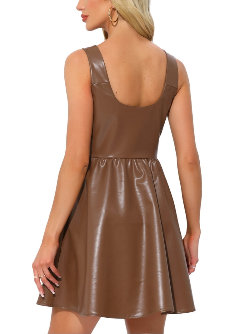 Inspire Chic Tank Dress for Women's Faux Leather Sleeveless a Line Mini Dresses L Dark Brown Inspire Chic Tank Dress for Women's Faux Leather Sleeveless a Line Mini Dresses L Dark Brown