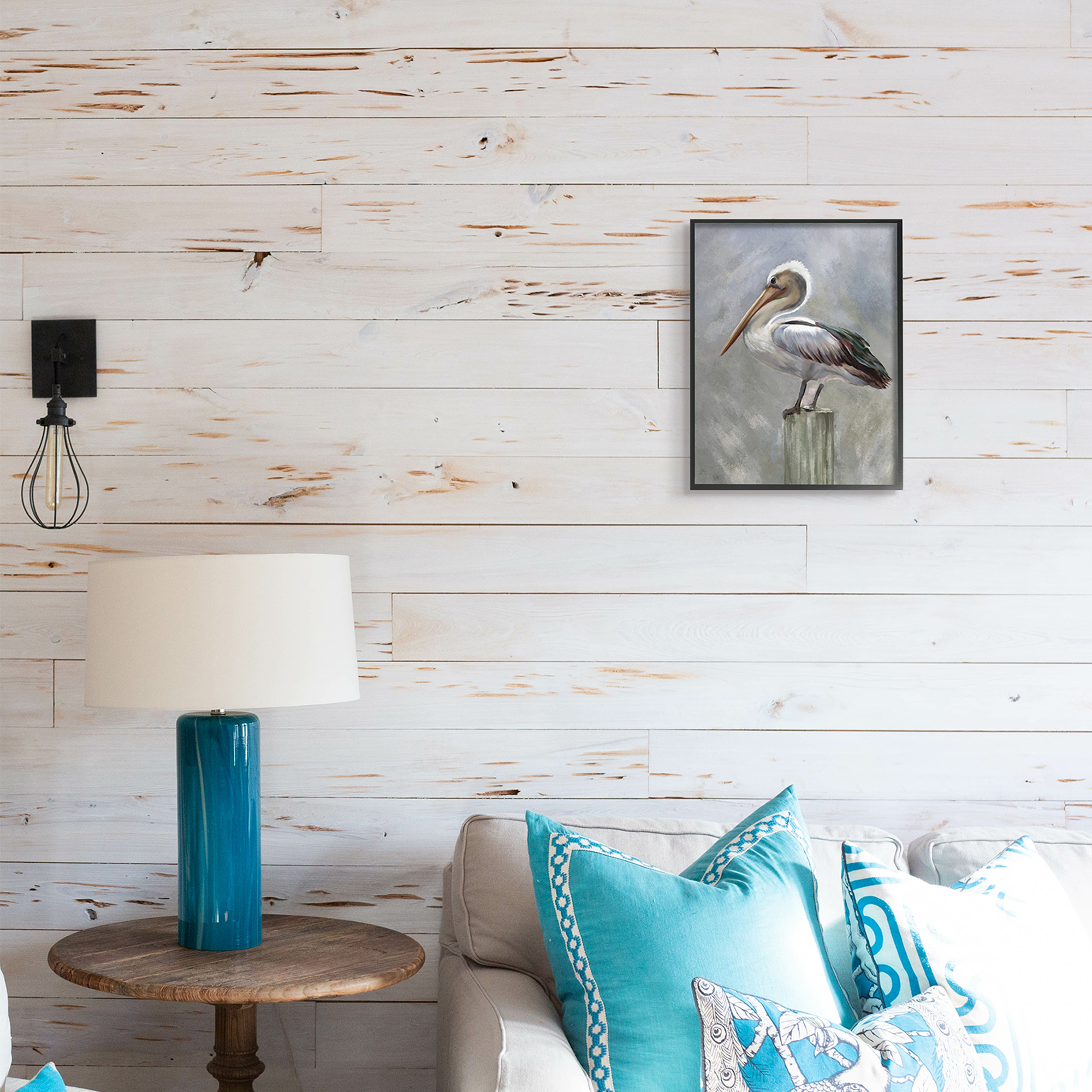 Stupell Industries Pelican Resting on Wooden Pillar Soft Grey,11 x 14,Designed by Heather Hayes