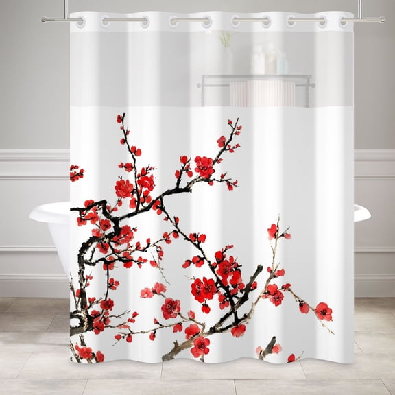MIZHONA Red Floral Shower Curtain with Snap in Liner,Red and White Fabric Bathroom Curtain,71"× 74"