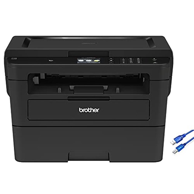 impresora multifunción láser monocromática inalámbrica compacta brother hl-l2395dw, copia y escaneo de superficie plana, impresión dúplex automática, pantalla táctil lcd a color de 2,7", 36 ppm, impre — Vista frontal centrada de la impresora Brother HL-L2395DW en negro; cuerpo rectangular compacto con bandeja frontal y cajón para 250 hojas, cristal de escaneo plano en la parte superior, panel con pantalla táctil a color de 2,7" y teclado numérico, ranura de alimentación manual y cable USB visible al lado; adecuada para imprimir y escanear directamente a servicios en la nube.
