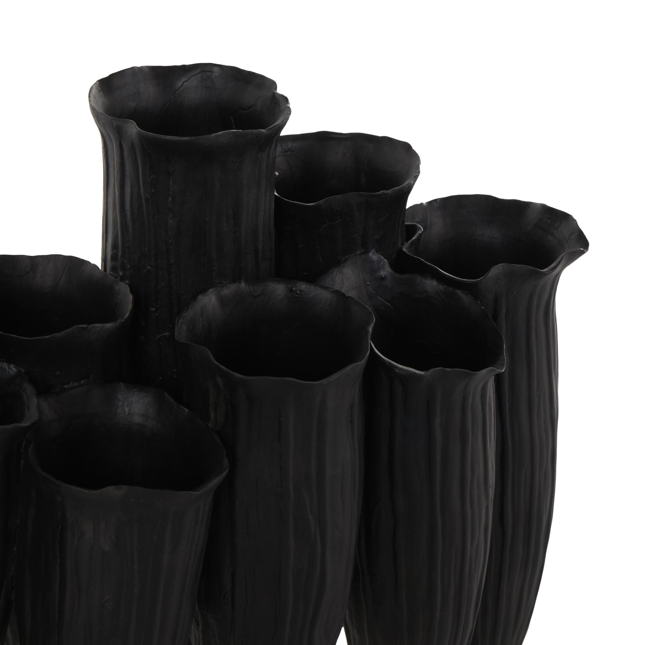 DecMode 11" Abstract Floral Inspired Black Ceramic Vase with Linear Grooves and 10 Openings