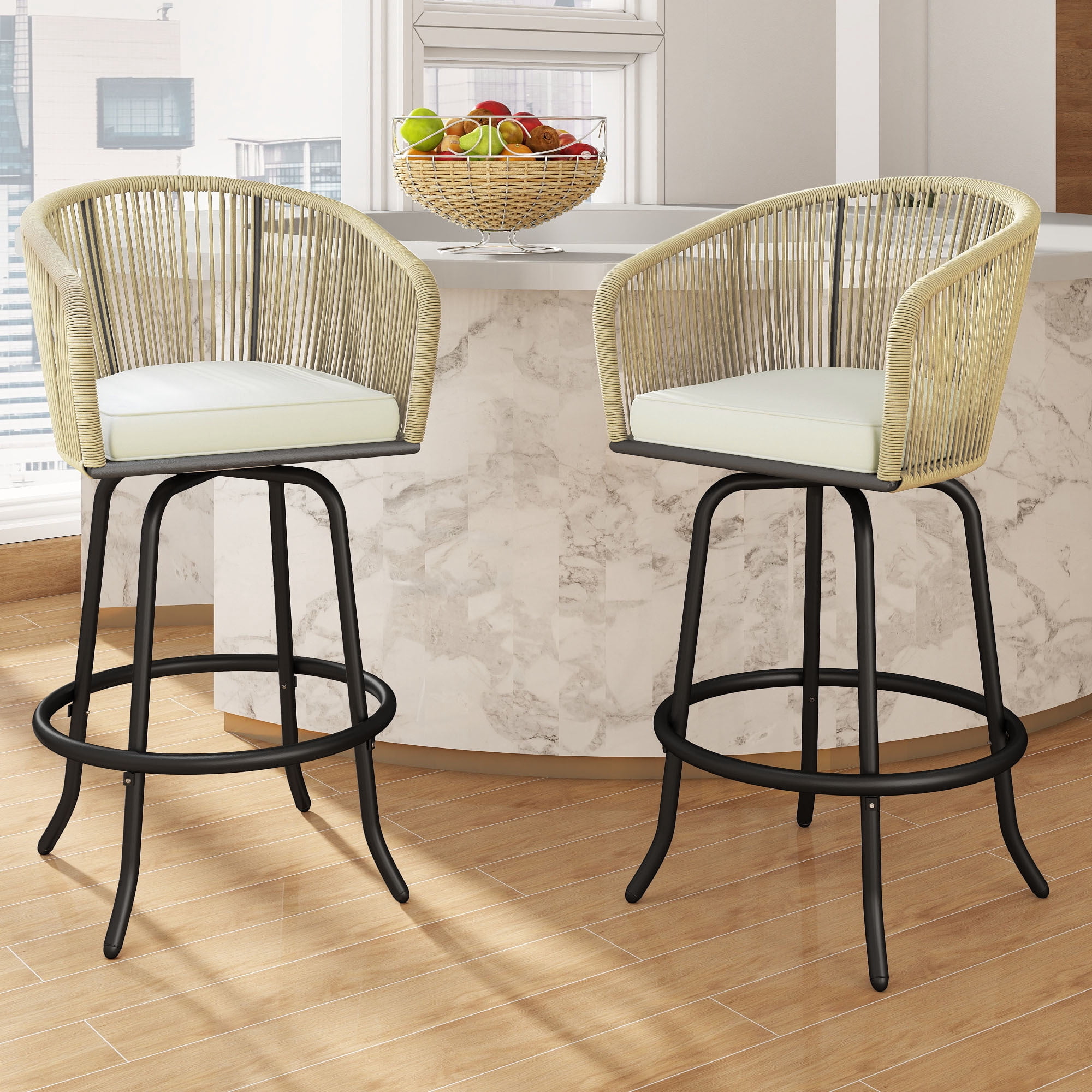 Uforic Outdoor Swivel Bar Stools Set of 2, Patio Woven Chairs with Soft Cushions, Footrests, and Ergonomic Design, 360° Swivel for Backyard, Garden, Balcony, Beige