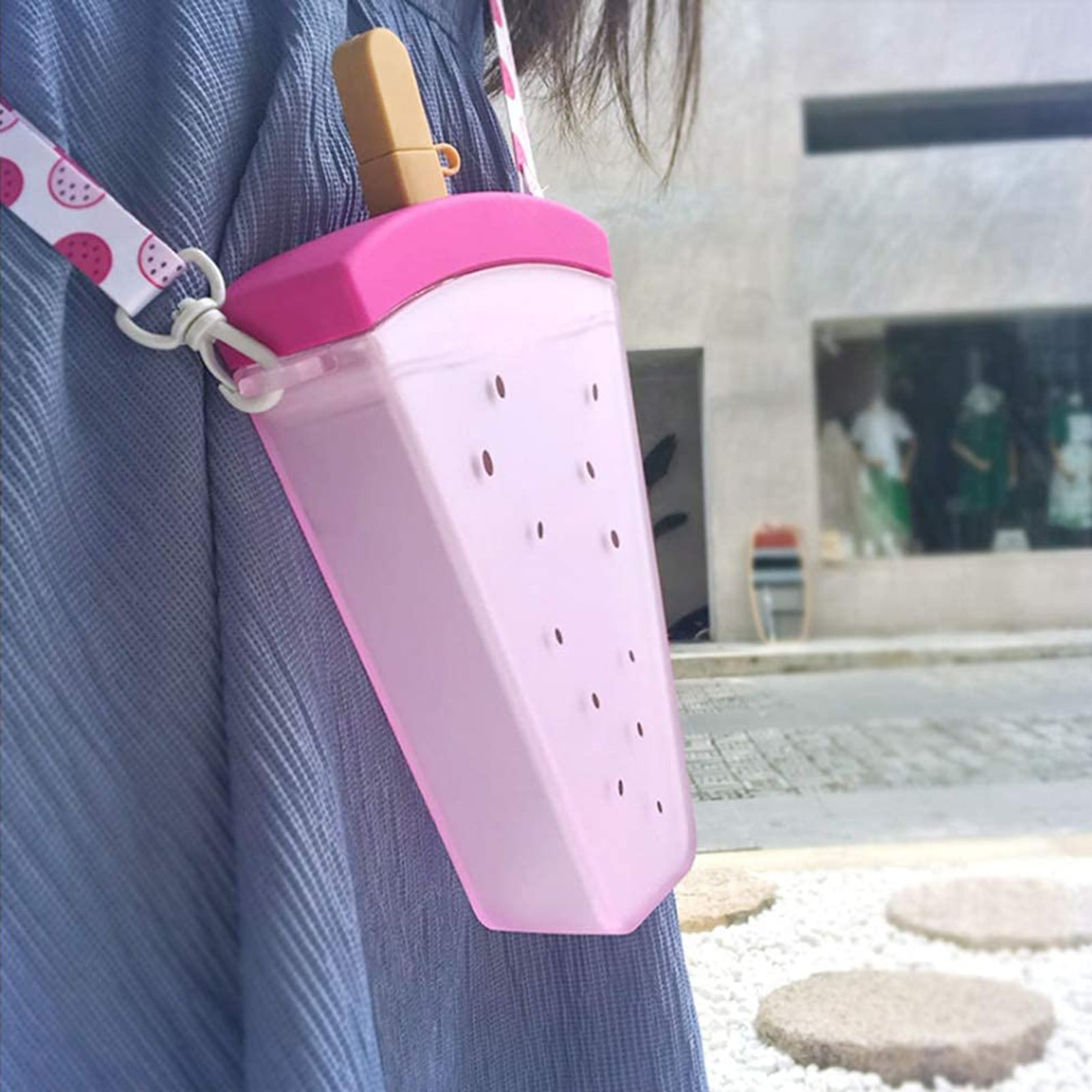 THHEIC 320ml Cute Watermelon Design Insulated Straw Water Bottle with Shoulder Strap, Portable Popsicle Cup for Gym, Office, Travel, and Outdoor Activities