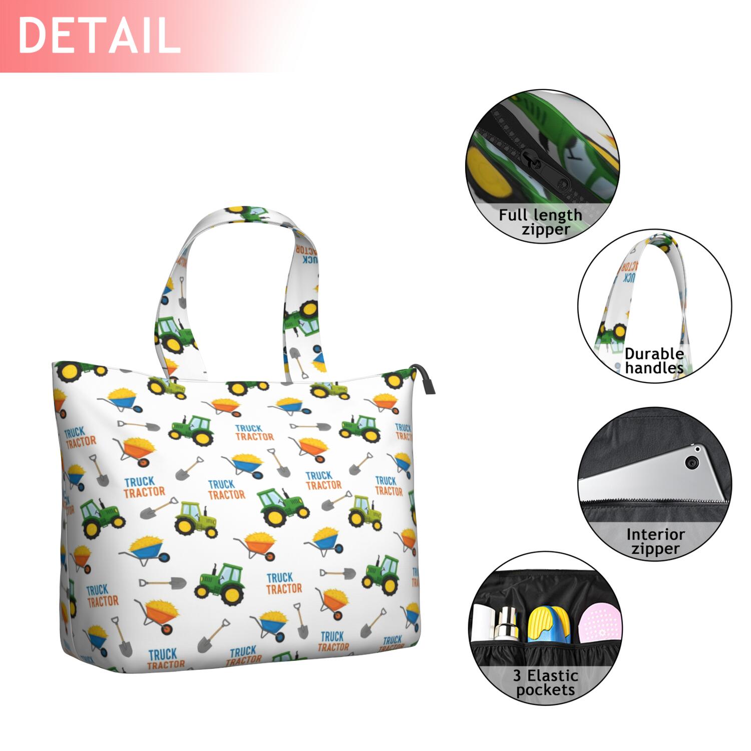 Cartoon Tractors Wheelbarrows White Pattern Travel Tote Bags for Women Carry On,Large Weekender Bags for Women Travel,Multi Functional Duffle Bag for Work,Shopping,Sports