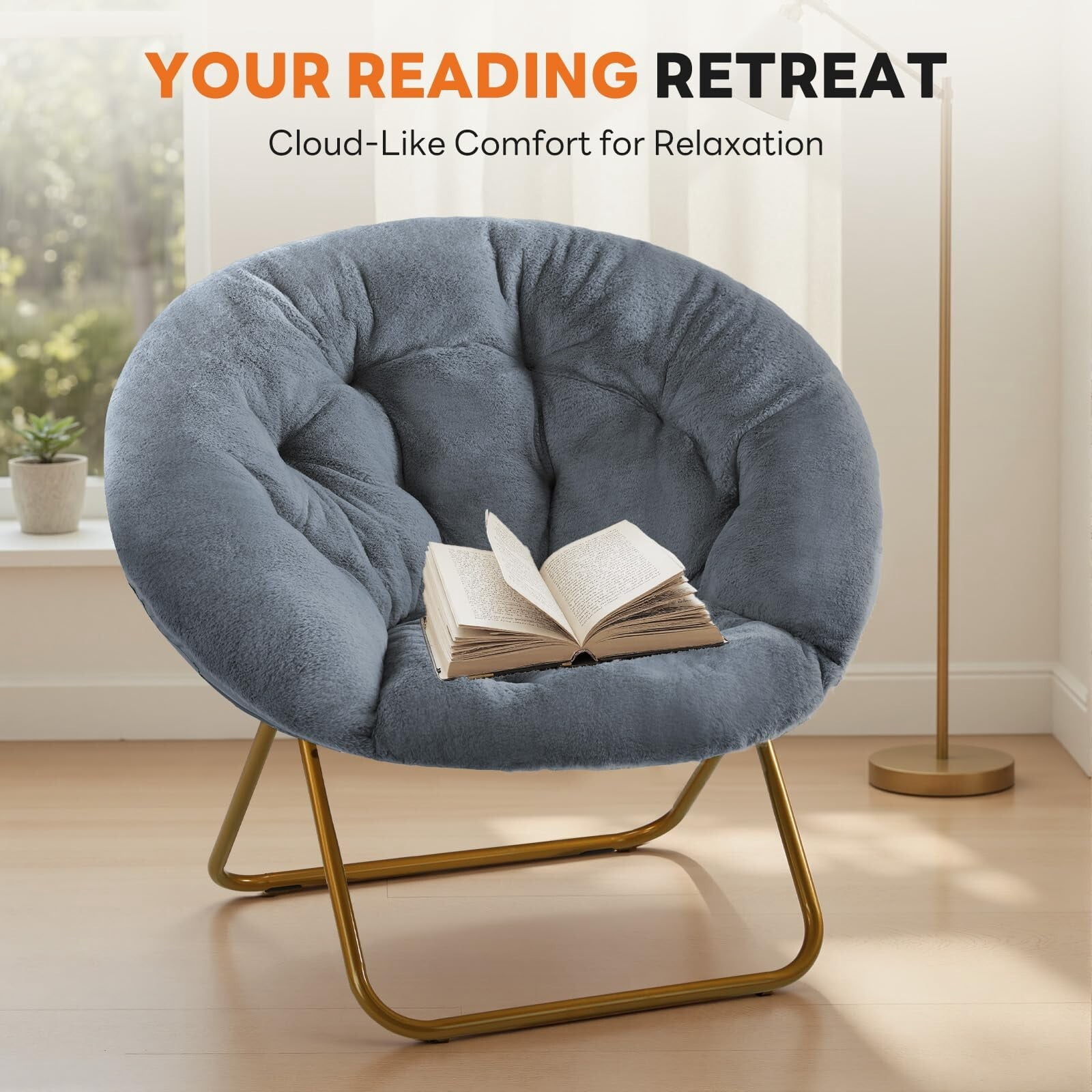 Kelno Faux Fur Saucer Chair 250lb Capacity Foldable Round Lounge Chair Soft Plush Folding Moon Chair, Gray
