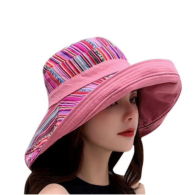 Chapeau de Soleil Réversible Style Ethnique pour Femmes Rose Chapeau de Pêcheur Pliable pour Extérieur Décontracté Rose