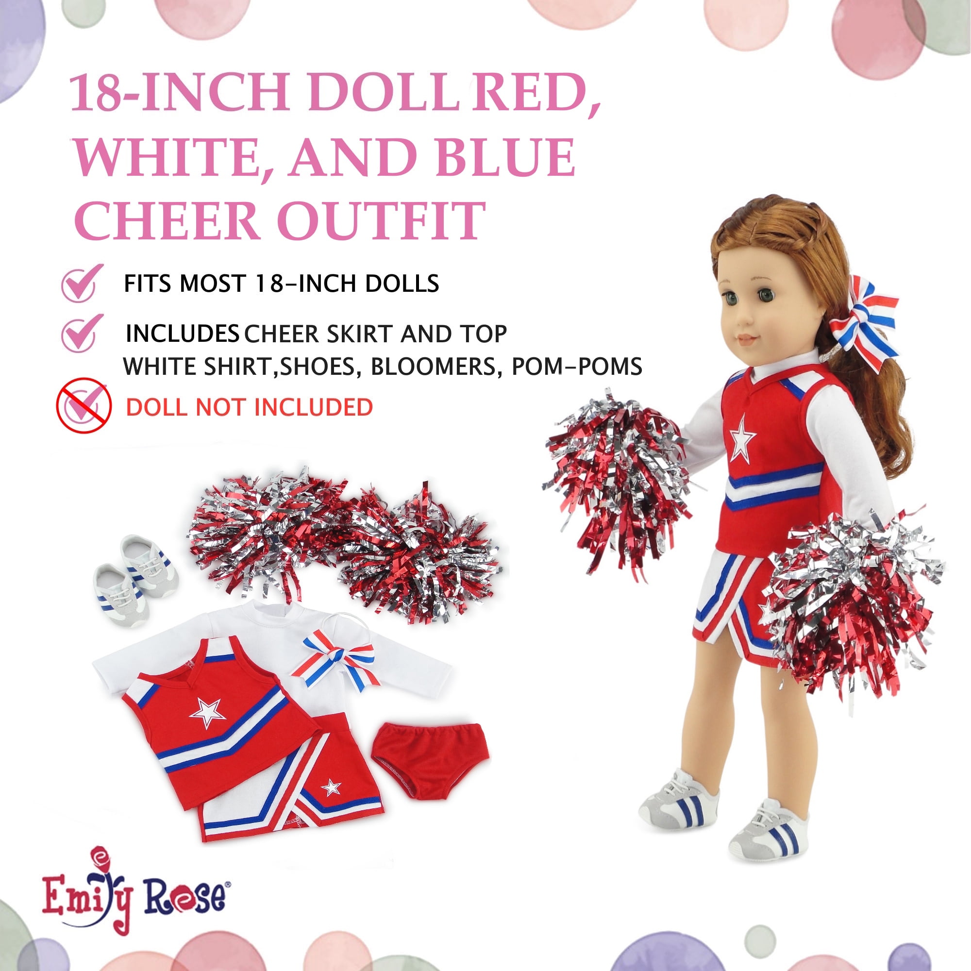 Emily Rose 18 Inch Doll Clothes and Accessories 7 Piece USA Modern Cheer Cheerleader Outfit, Including Doll Gym Shoes and Pom-Poms! | Compatible with 18" American Girl and Our Generation Dolls