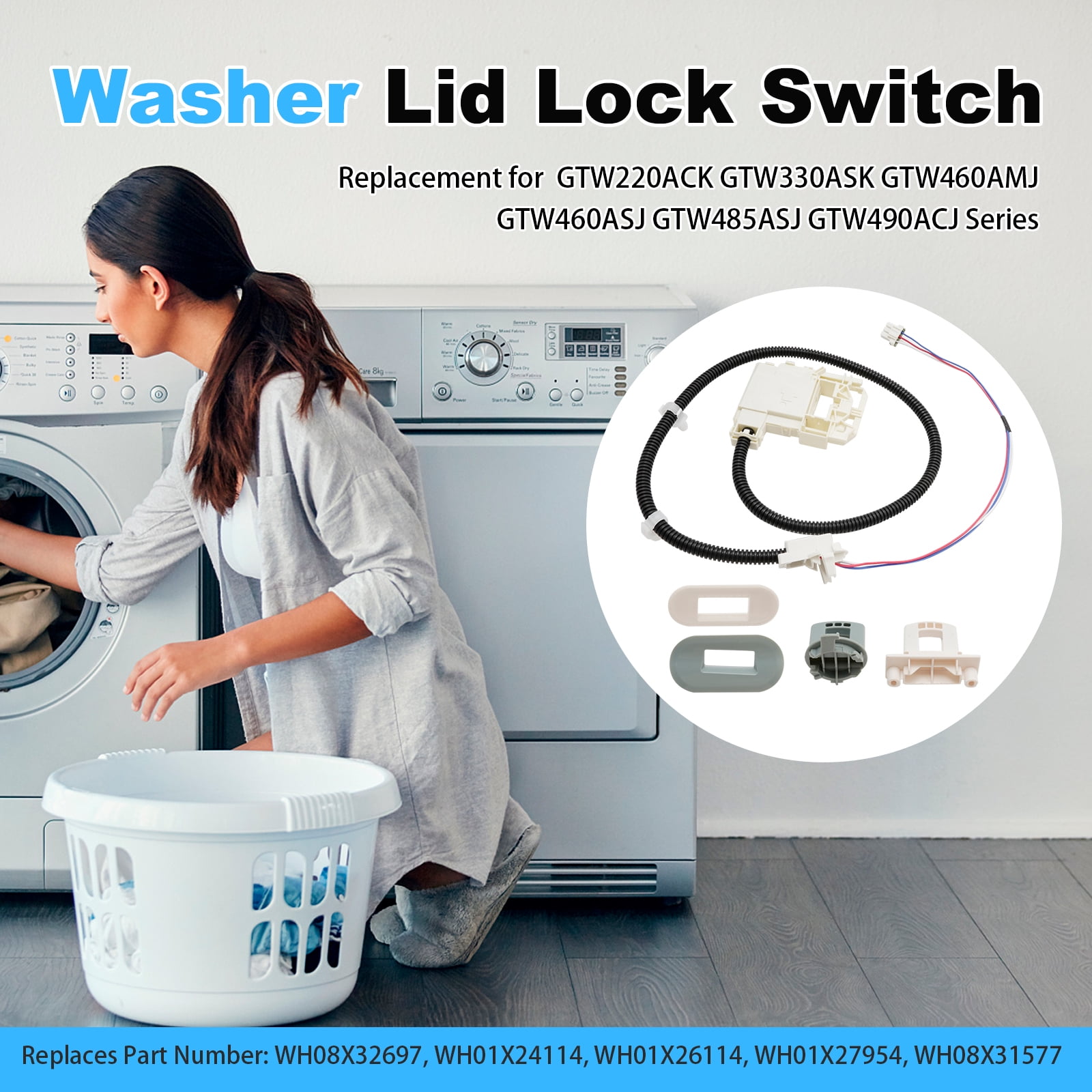 WH08X32697 Washer Lid Lock Switch Assembly, Replacement for GE GTW220ACK, GTW330ASK, GTW460AMJ Series, Replaces WH01X24114 and WH01X26114