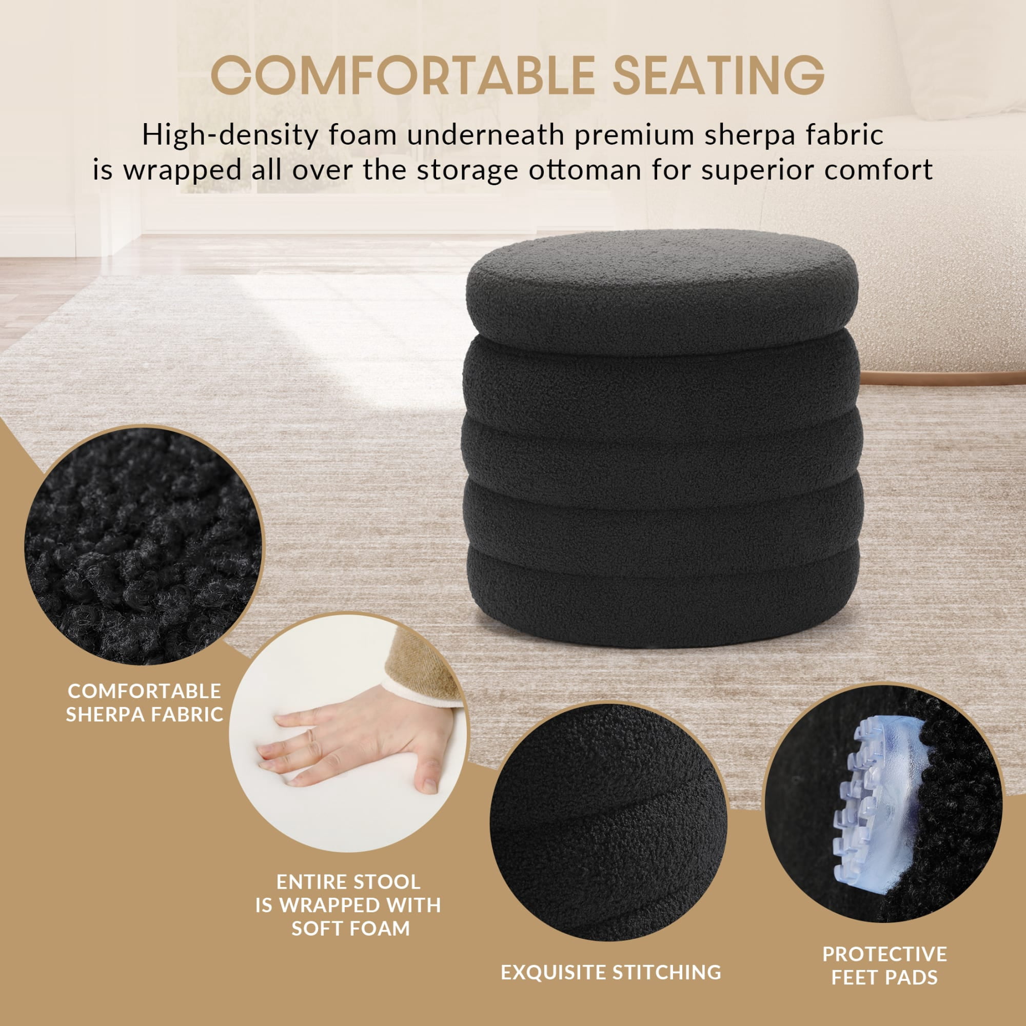 WestinTrends Mid-Century Modern Faux Sherpa Round Storage Ottoman, Black