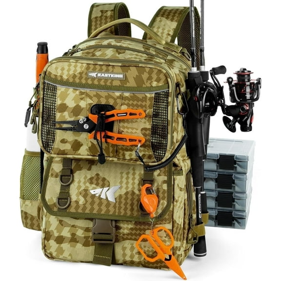 KastKing Fishing Tackle Backpack with Removable Bait Binder & 4 Tackle Boxes, Rod Holders Storage Fishing Gear- BaitSpace 50L