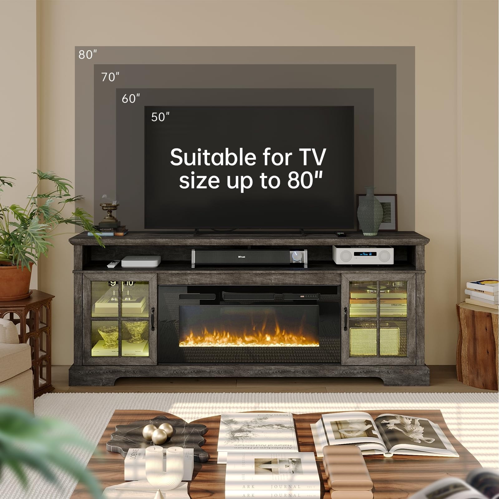 Sunmthink Farmhouse TV Stand with 36" Fireplace for TVs up to 80", 70" Media Entertainment Center with Adjustable Shelves and Large Storage Cabinets, for Living Room, Gray