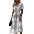 thumbnail image 2 of Minjewel Women's Plaid V-Neck Short Sleeve Gingham Shift Mini Dress - Summer Preppy Vacation Outfit, Loose Flowy Beach Party Dress, Comfy Casual Top,Light Gray,L, 2 of 6