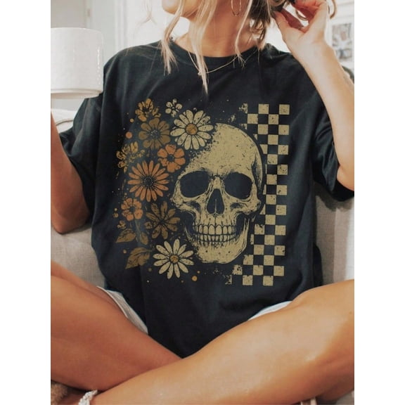 Boho Skull Graphic Tee, Vintage Grunge Tee, Retro Boho Summerween T Shirts, Cute Spooky Halloween T Shirts