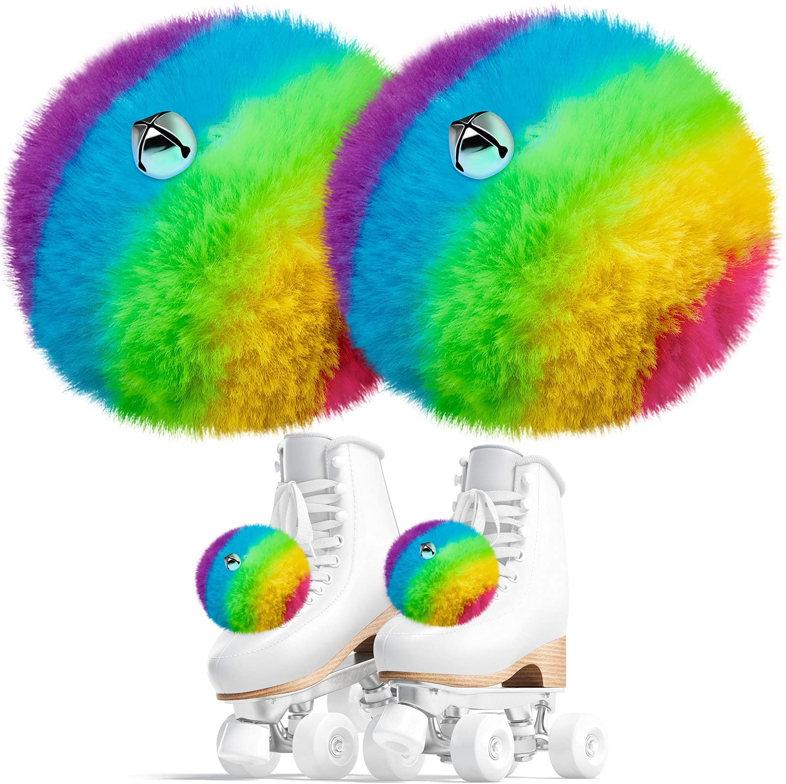 Rainbow Tie-on Pom Poms with Jingle Bells Great for Roller Skates! New 